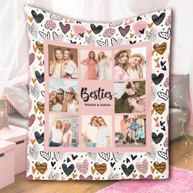 Best Friends Stylish BFF Pink Friendship Photo Fleece Blanket (A cute best friends blanket with a heart pattern background. Personalize 8 photos and your names.)