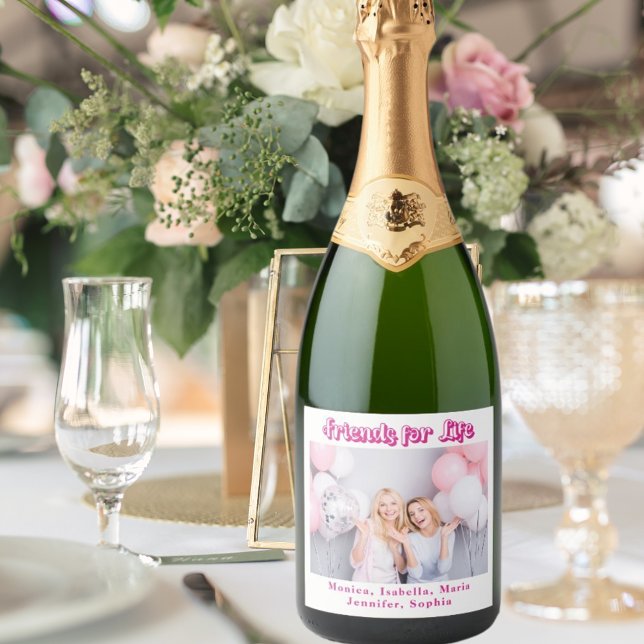 Best friends white pink photo names party sparkling wine label (Creator Uploaded)