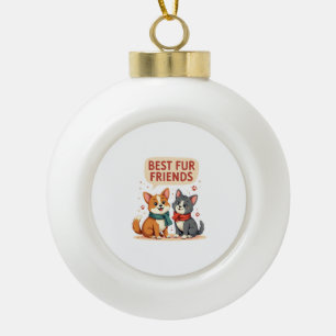 Best Fur Friends Vintage Cute Cat and Dog Cartoon Ceramic Ball Christmas Ornament