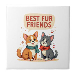 Best Fur Friends Vintage Cute Cat and Dog Cartoon Ceramic Tile