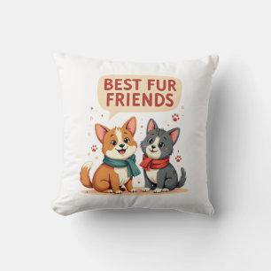 Best Fur Friends Vintage Cute Cat and Dog Cartoon  Cushion