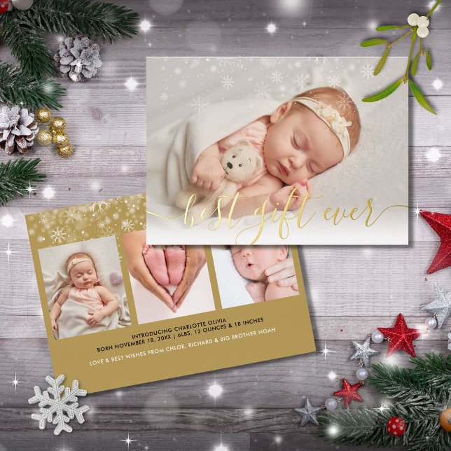 Best Gift Ever 4 Photo Christmas Baby Birth Gold Foil Holiday Card (Creator Uploaded)