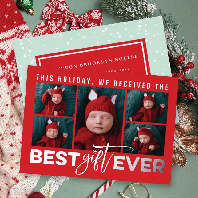 Best Gift Ever Grunge Typography New Baby 5 Photo Foil Holiday Card (Creator Uploaded)