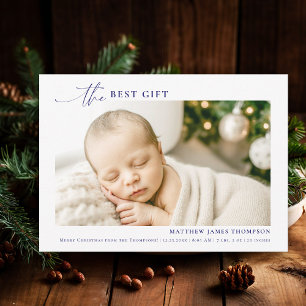 Best Gift Minimalist Blue Christmas Baby Photo Holiday Card