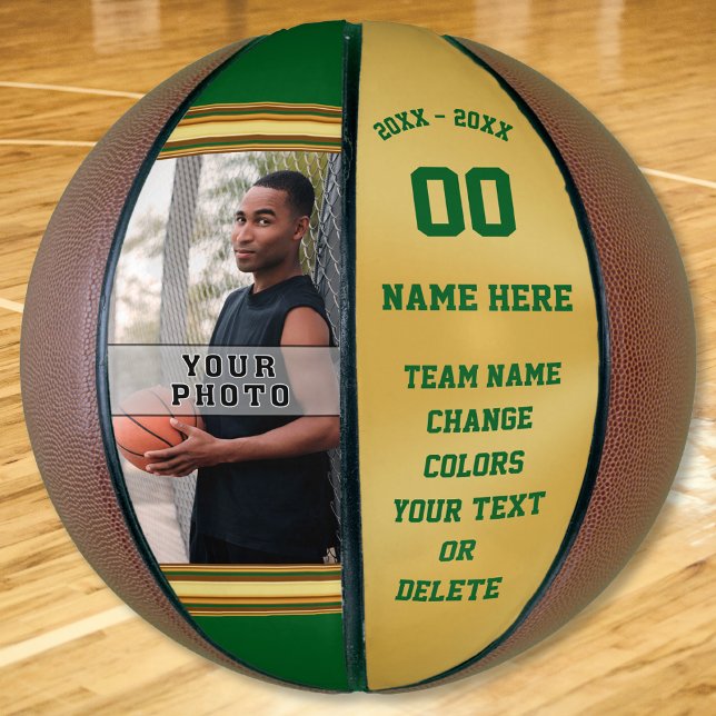 Best Gifts for Basketball Players Photo Basketball (Basketball ball with picture. Personalized basketball. Green and Gold Basketball. Basketball ball.)