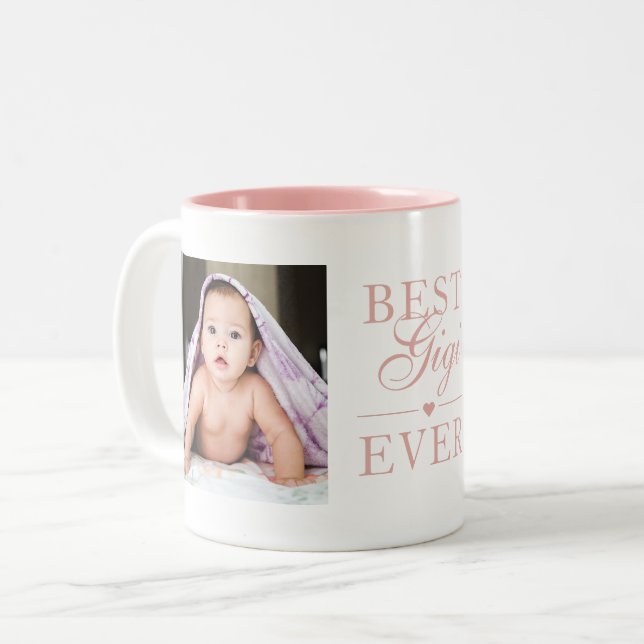 Best Gigi Ever Pink Birthday Custom 2 Photo Two-Tone Coffee Mug (Front Left)