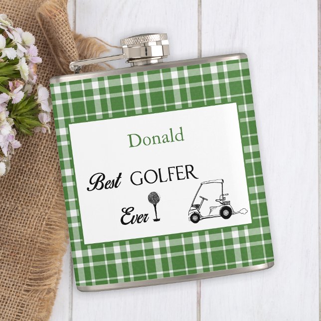 Best Golfer Green Plaid Custom Hip Flask (Creator Uploaded)