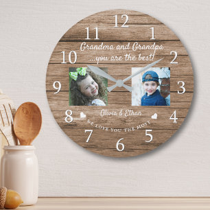 Best Grandma and Grandpa Grandkids 2 Photo Wood  Large Clock