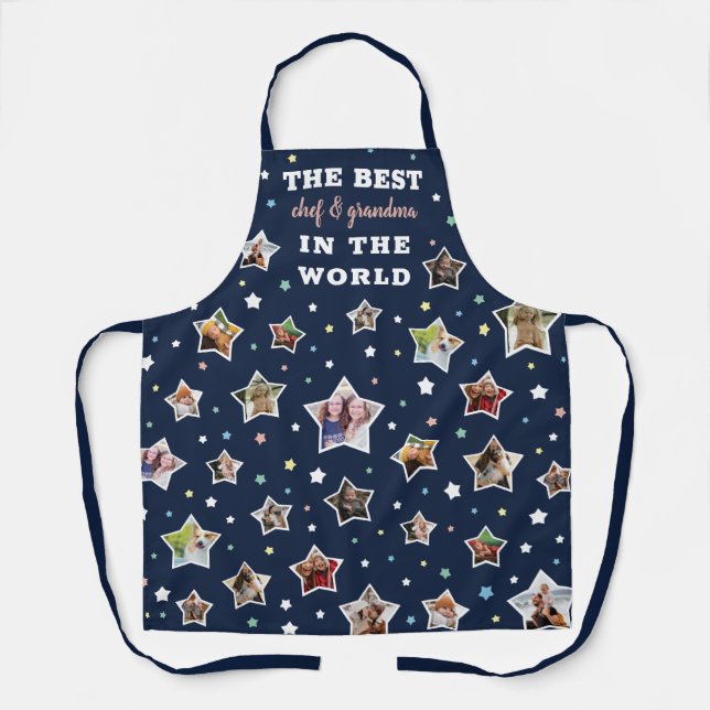 Best Grandma & Chef Dark Blue Star Shaped Photos Apron (Front)