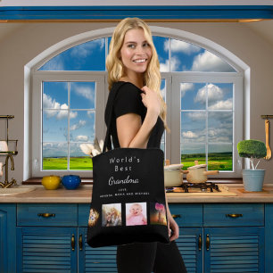 Best Grandma custom family photo collage black Tote Bag