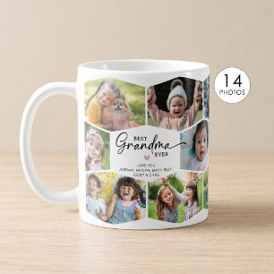 Best Grandma Ever 14 Photo Collage Hexagon Pattern Coffee Mug