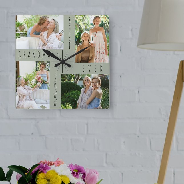 Best Grandma Ever 4 Photo Collage Green Square Wall Clock (Creator Uploaded)