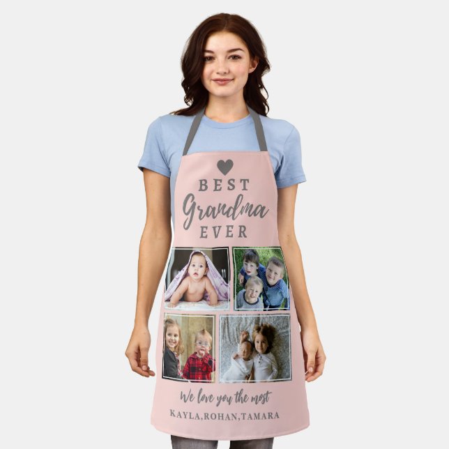 Best Grandma Ever 4 Photo Collage Grey Pink Apron (Worn)