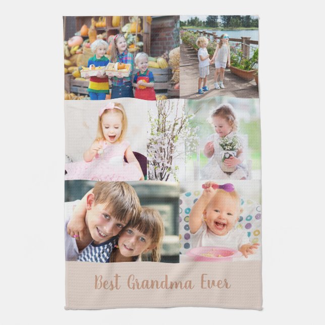 Best Grandma Ever 6 Photo Masonry Grid Beige Tea Towel (Vertical)
