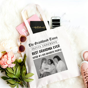 Best Grandma Ever Custom Photo Newspaper Headline Tote Bag