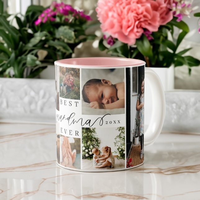 Best Grandma Ever | Elegant Script 8 Photo Collage Two-Tone Coffee Mug (Best Grandma Ever | Elegant Script 8 Photo Collage Two-Tone Coffee Mug)