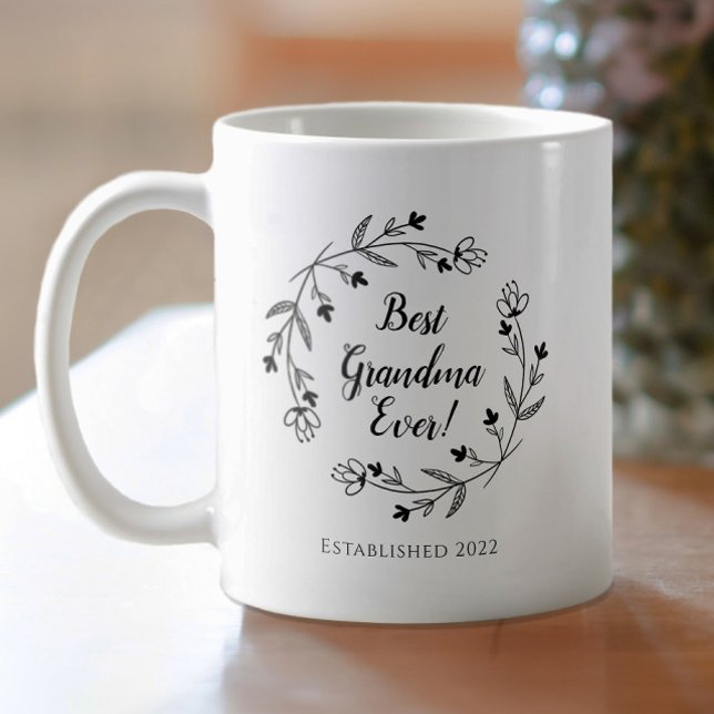 Best Grandma Ever Family Floral Wreath Year Black  Coffee Mug (Creator Uploaded)