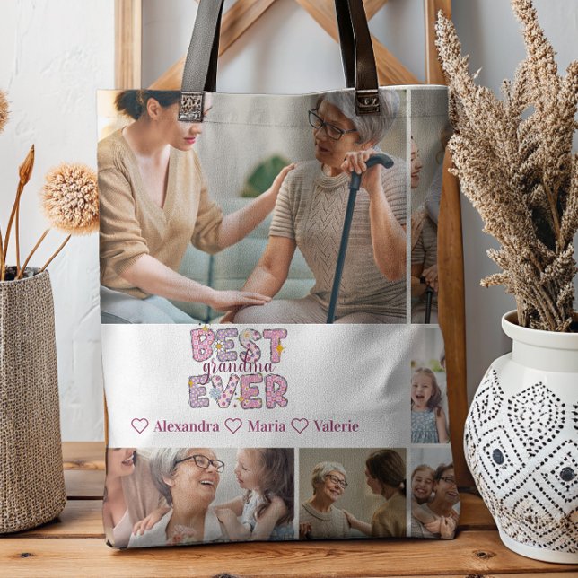 Best Grandma Ever Floral 6 Photo Collage Tote Bag (Creator Uploaded)