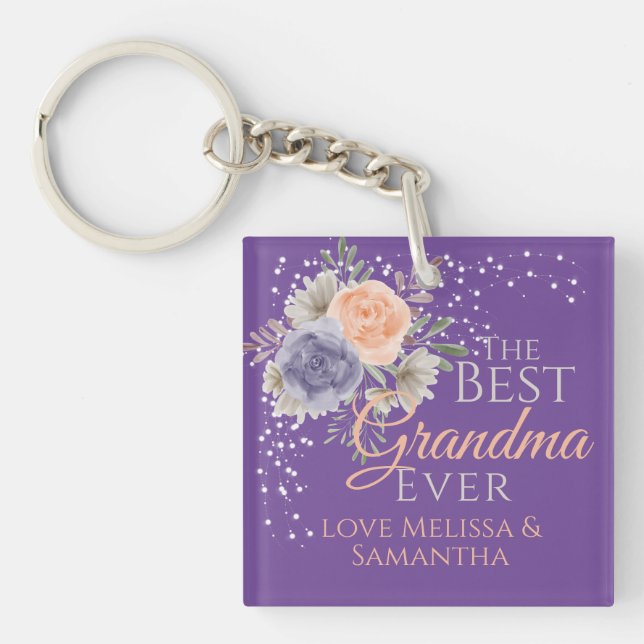 Best Grandma Ever Floral Purple Peony Rose Key Ring (Front)