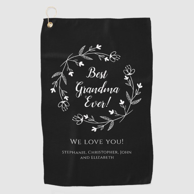 Best Grandma Ever Golfer Keepsake Grandkids Black Golf Towel (Front)