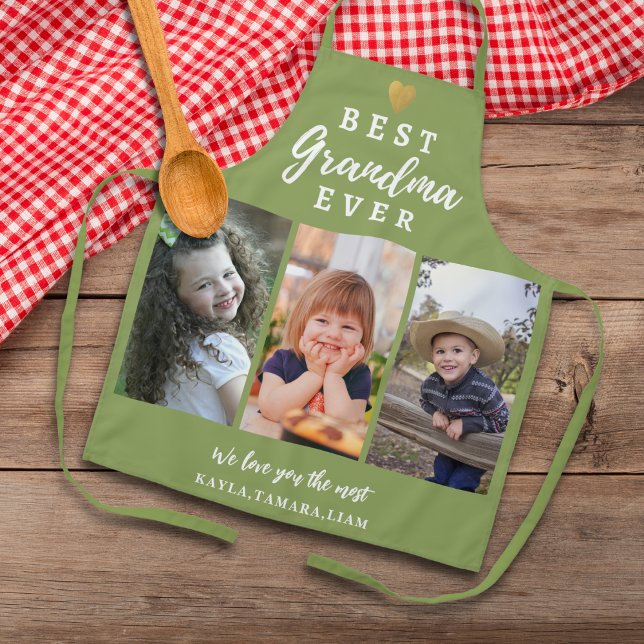  Best Grandma Ever Grandkids 3 Photo Collage Green Apron (Best Grandma Ever Grandkids 3 Photo Collage Green Apron)