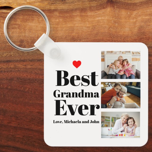 Best Grandma Ever Heart 3 Photo Collage Key Ring (Front)