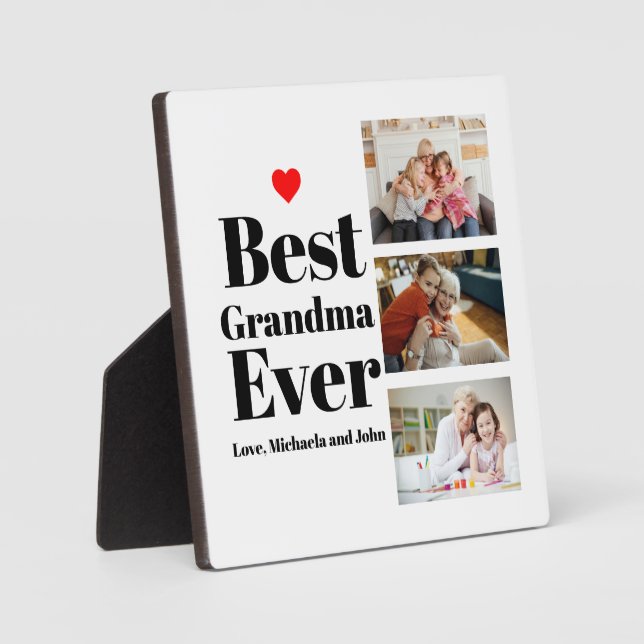 Best Grandma Ever Heart 3 Photo Collage Plaque (Front)