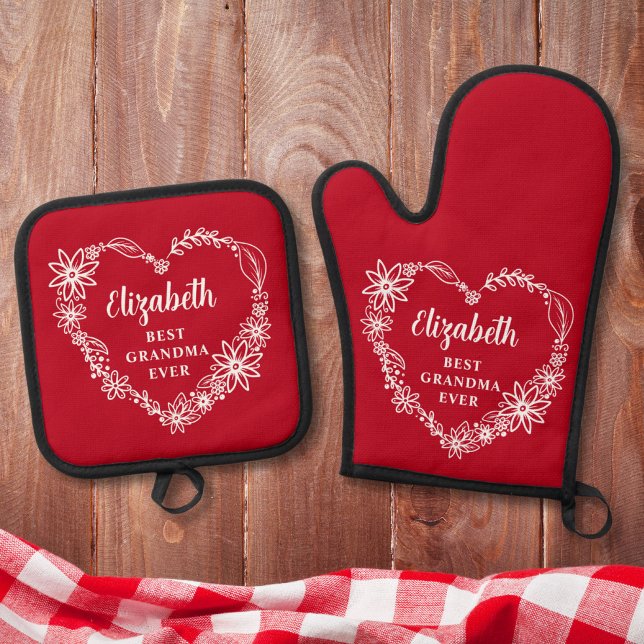 Best Grandma Ever Personalised Red Oven Mitt & Pot Holder Set (Creator Uploaded)