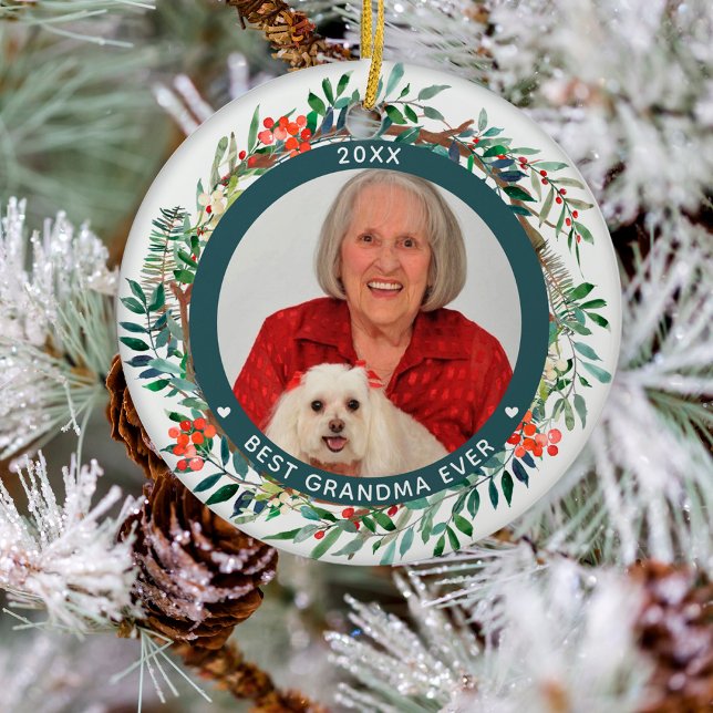 Best Grandma Ever Photo Elegant Christmas Floral   Ceramic Ornament (Creator Uploaded)