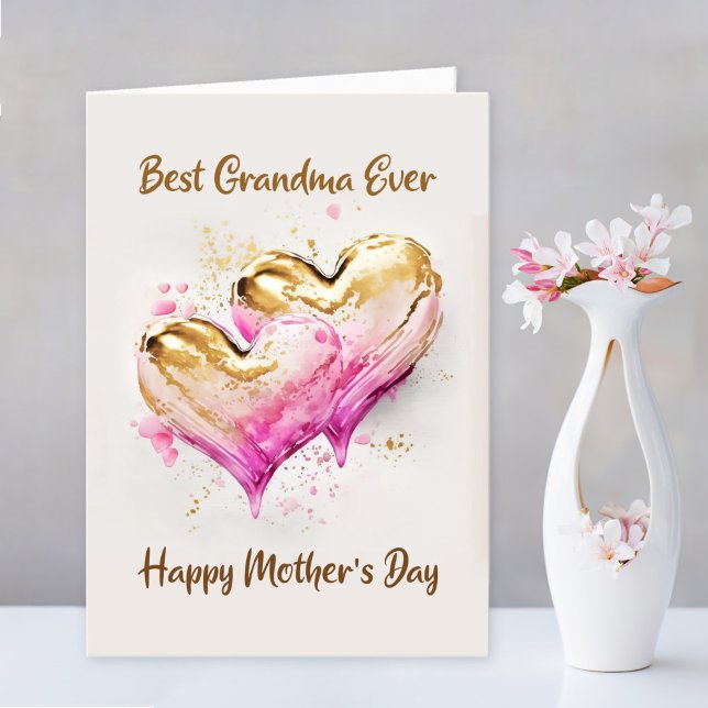 Best Grandma Ever Pink Gold Hearts Mothers Day Holiday Card (Creator Uploaded)