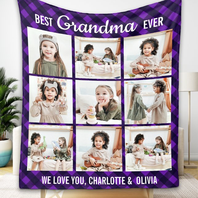 Best Grandma Ever Plaid Custom 9 Photo Grandmother Fleece Blanket (Creator Uploaded)