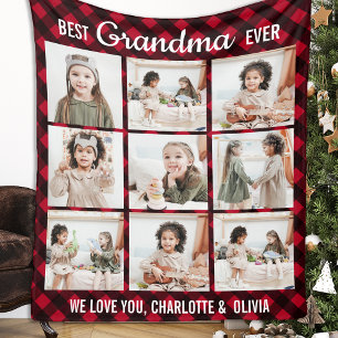 Best Grandma Ever Red Buffalo Plaid Photo Collage Fleece Blanket