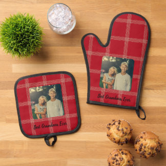 Best Grandma Ever Red Gingham Custom Photo Oven Mitt & Pot Holder Set