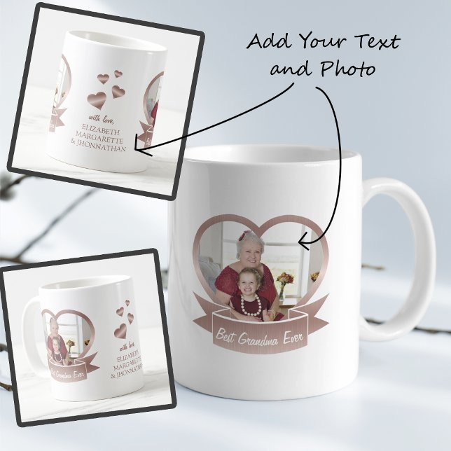 Best Grandma Ever Rose Gold Heart Photo and Names Coffee Mug (Creator Uploaded)