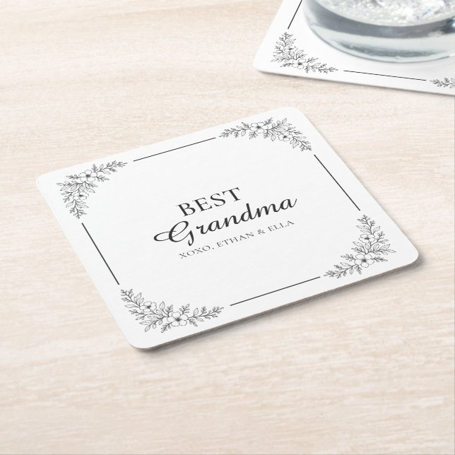 Best Grandma Ever Stylish Black & White Floral Square Paper Coaster (Angled)