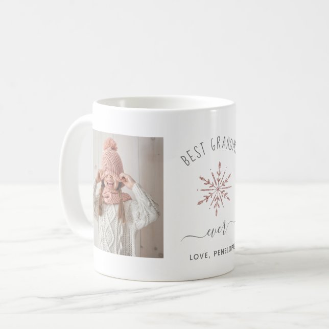 Best Grandma Ever | Two Photo Rose Gold Snowflake Coffee Mug (Front Left)