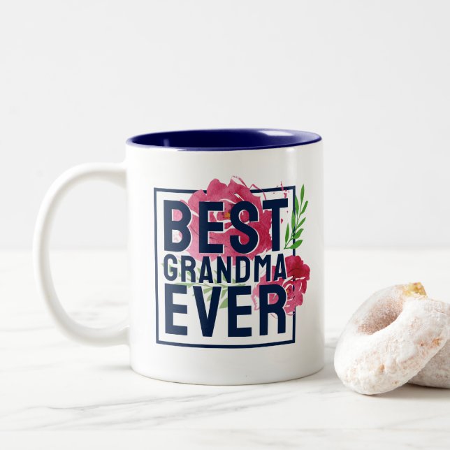 Best Grandma Ever Vintage Floral Pink Rose Two-Tone Coffee Mug (With Donut)