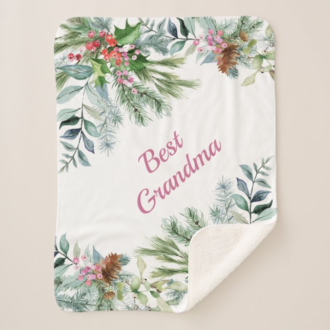 Best Grandma Evergreen Holly Berries Pink Green Sherpa Blanket (Front)