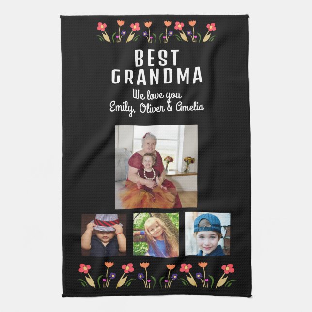 Best Grandma Flowers 4 Photo Collage Keepsake  Tea Towel (Vertical)