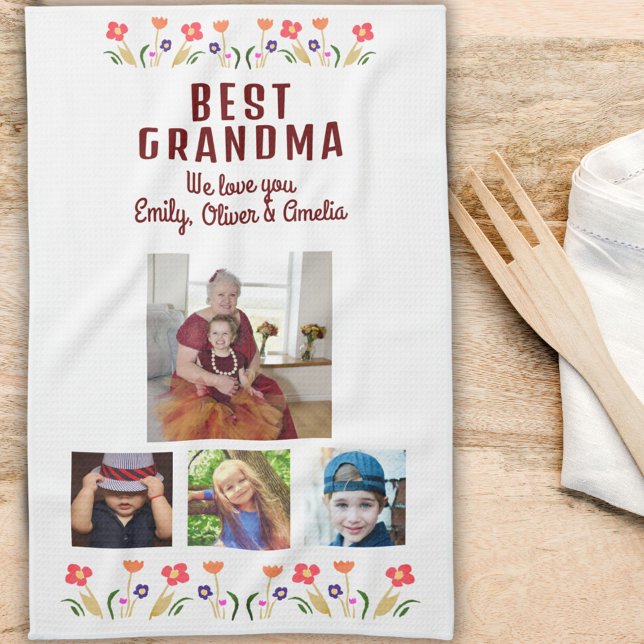 Best Grandma Flowers 4 Photo Collage Keepsake  Tea Towel (Creator Uploaded)