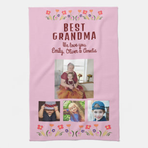Best Grandma Flowers 4 Photo Collage Keepsake Tea Towel
