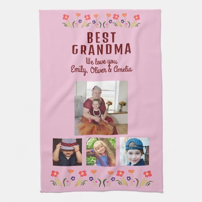 Best Grandma Flowers 4 Photo Collage Keepsake  Tea Towel (Vertical)