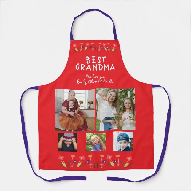 Best Grandma Flowers 5 Photo Collage Keepsake Apron (Front)