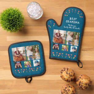 Best Grandma Flowers 5 Photo Collage Keepsake Oven Mitt & Pot Holder Set