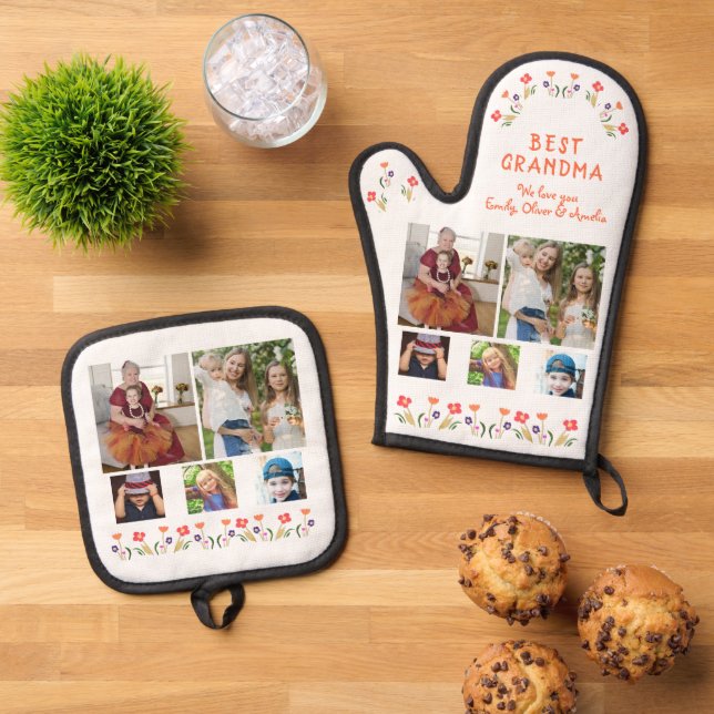 Best Grandma Flowers 5 Photo Collage Keepsake  Oven Mitt & Pot Holder Set (Top Down)
