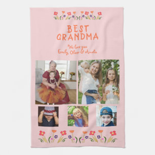 Best Grandma Flowers 5 Photo Collage Keepsake Tea Towel