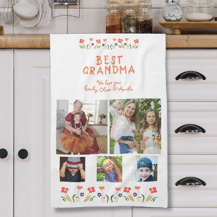 Best Grandma Flowers 5 Photo Collage Keepsake  Tea Towel