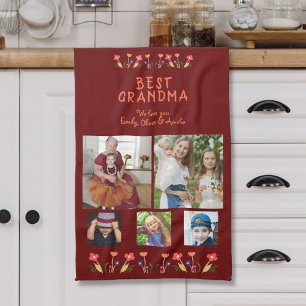 Best Grandma Flowers 5 Photo Collage Keepsake  Tea Towel