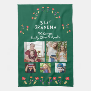 Best Grandma Flowers 5 Photo Collage Keepsake  Tea Towel