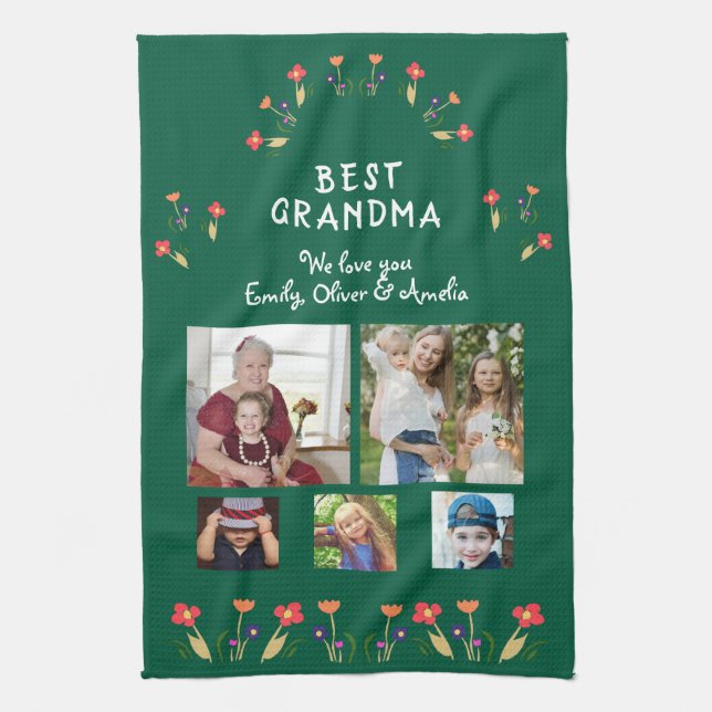 Best Grandma Flowers 5 Photo Collage Keepsake  Tea Towel (Vertical)